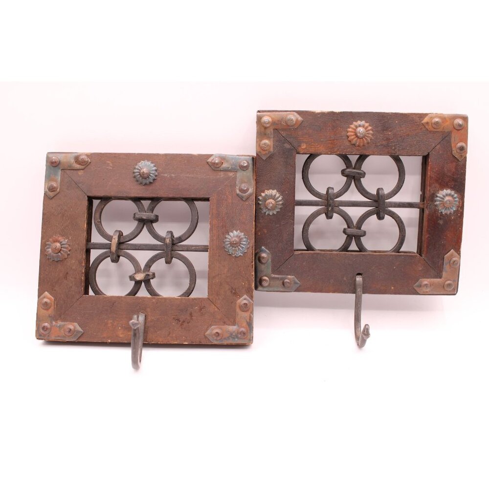 Rustic Metal Wood Wall Hooks Set of 2 Ornate Decorative Iron Scrollwork